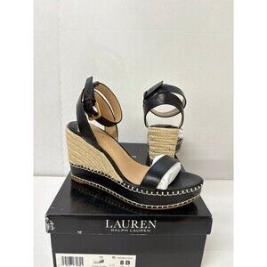 Ralph Lauren Women's Hilarie Black Burnished Leather Espadrille Wedge Sandals 8B